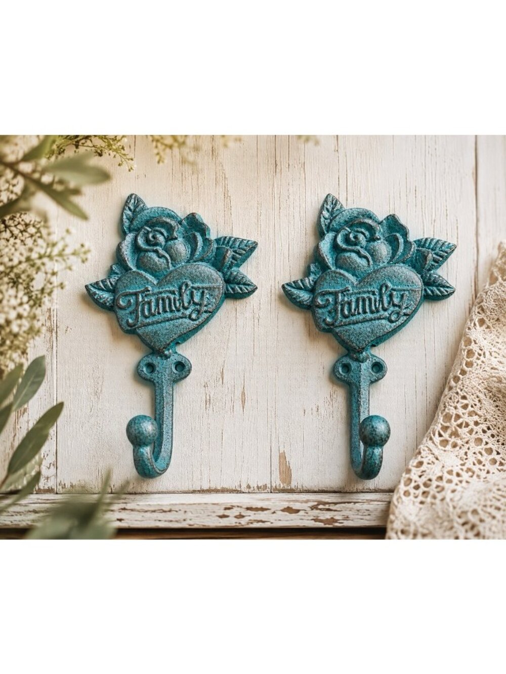 Set of 2 Vtg Turquoise Wall Hooks Floral Heart Farmhouse Cottagecore Decor 7" ea